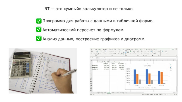 ЭТ — это «умный» калькулятор и не только Программа для работы с данными в табличной форме. Автоматический пересчет по формулам. Анализ данных, построение графиков и диаграмм. 