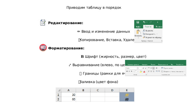 Приводим таблицу в порядок Редактирование: ✏️ Ввод и изменение данных 📋 Копирование, Вставка, Удаление Форматирование: 𝐁 Шрифт (жирность, размер, цвет) ⤤ Выравнивание (влево, по центру) ⛶ Границы (рамки для ячеек) 🎨 Заливка (цвет фона) 