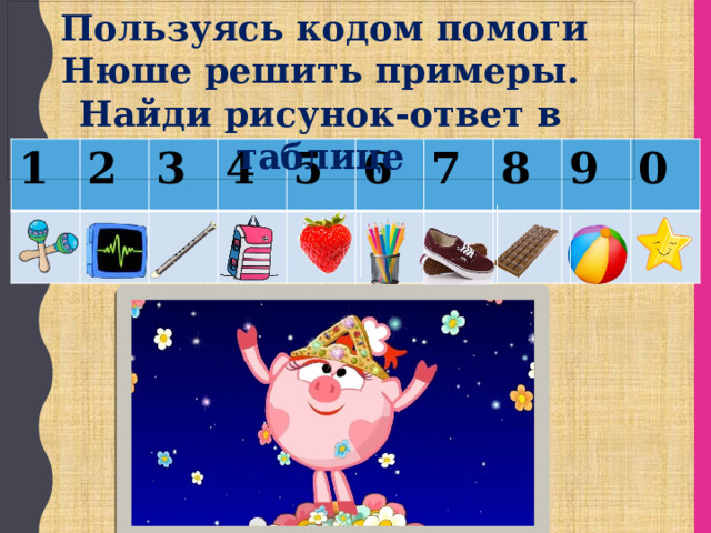  Пользуясь кодом помоги Нюше решить примеры. Найди рисунок-ответ в таблице 1 2 3 4 5 6 7 8 9 0 