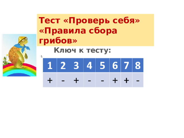 Тест «Проверь себя»  «Правила сбора грибов» Ключ к тесту: 