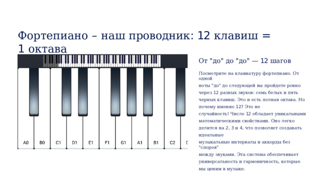 Фортепиано  –  наш  проводник :  12  клавиш  =  1  октава От  