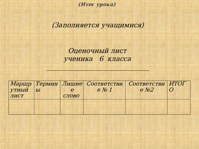 (Итог урока) (Заполняется учащимися) Оценочный лист ученика 6 класса _______________________________  Маршрутный лист Термины Лишнее слово Соответствие № 1 Соответствие №2 ИТОГО  