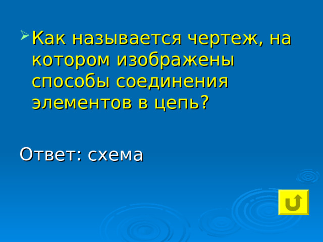 Как называется чертеж, на котором изображены способы соединения элементов в цепь? Ответ: схема 