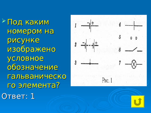 Под каким номером на рисунке изображено условное обозначение гальванического элемента? Ответ: 1 