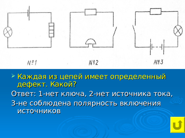 Каждая из цепей имеет определенный дефект. Какой? Ответ: 1-нет ключа, 2-нет источника тока, 3-не соблюдена полярность включения источников 