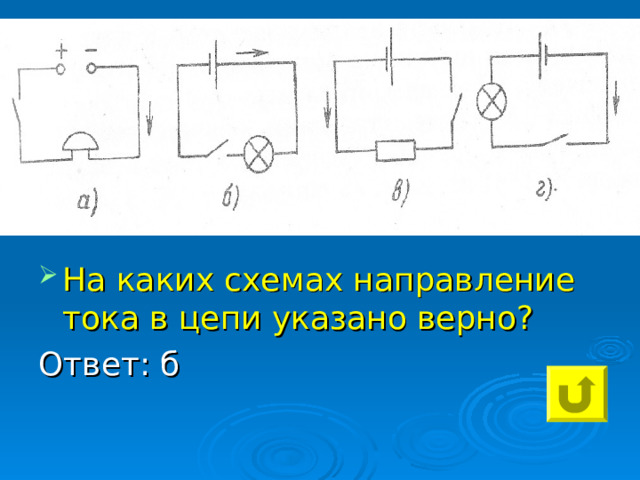 На каких схемах направление тока в цепи указано верно? Ответ: б 