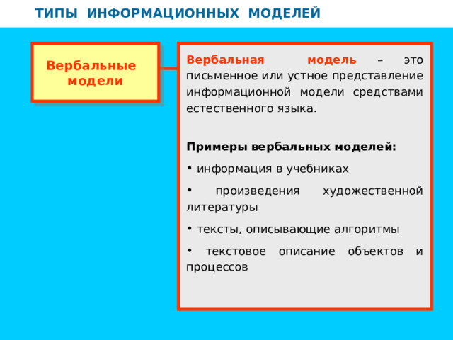 ТИПЫ ИНФОРМАЦИОННЫХ МОДЕЛЕЙ ТИПЫ ИНФОРМАЦИОННЫХ МОДЕЛЕЙ Вербальные модели Вербальная модель – это письменное или устное представление информационной модели средствами естественного языка. Примеры вербальных моделей:  информация в учебниках  произведения художественной литературы  тексты, описывающие алгоритмы  текстовое описание объектов и процессов 