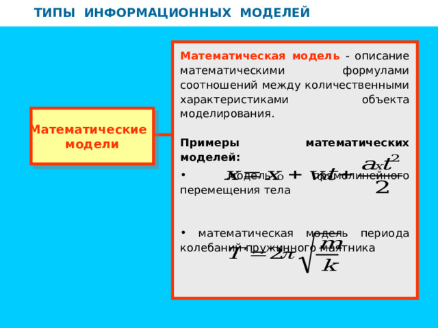 ТИПЫ ИНФОРМАЦИОННЫХ МОДЕЛЕЙ ТИПЫ ИНФОРМАЦИОННЫХ МОДЕЛЕЙ Математическая модель - описание математическими формулами соотношений между количественными характеристиками объекта моделирования. Примеры математических моделей:  модель прямолинейного перемещения тела  математическая модель периода колебаний пружинного маятника Математические модели 