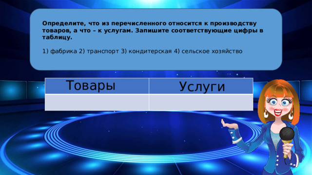 Определите, что из перечисленного относится к производству товаров, а что – к услугам. Запишите соответствующие цифры в таблицу. 1) фабрика 2) транспорт 3) кондитерская 4) сельское хозяйство Товары Услуги 10 Segments  