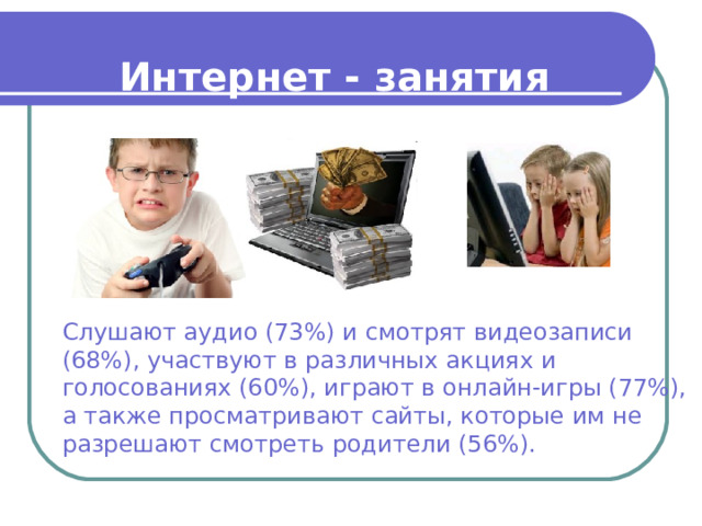 Интернет - занятия Слушают аудио (73%) и смотрят видеозаписи (68%), участвуют в различных акциях и голосованиях (60%), играют в онлайн-игры (77%), а также просматривают сайты, которые им не разрешают смотреть родители (56%). 