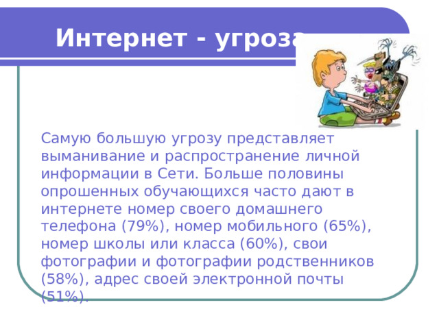 Интернет - угроза Самую большую угрозу представляет выманивание и распространение личной информации в Сети. Больше половины опрошенных обучающихся часто дают в интернете номер своего домашнего телефона (79%), номер мобильного (65%), номер школы или класса (60%), свои фотографии и фотографии родственников (58%), адрес своей электронной почты (51%). 
