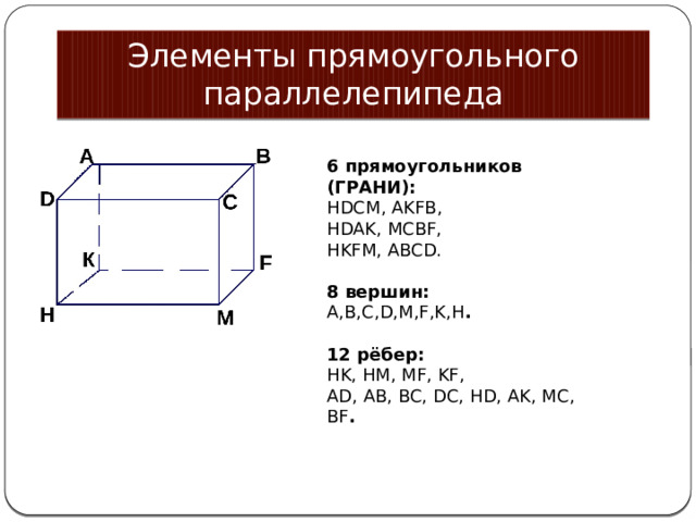 Элементы прямоугольного параллелепипеда 6 прямоугольников (ГРАНИ): HDCM, AKFB, HDAK, MCBF, HKFM, ABCD. 8 вершин: A,B,C,D,M,F,K,H .  12 рёбер: HK, HM, MF, KF, AD, AB, BC, DC, HD, AK, MC, BF . 