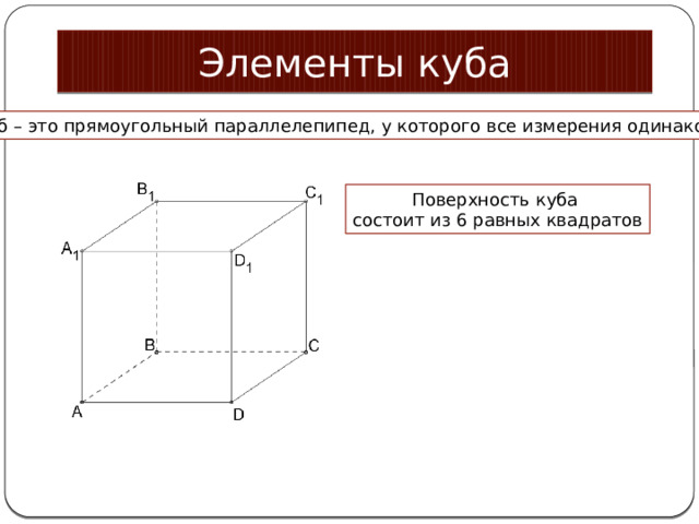 Элементы куба Куб – это прямоугольный параллелепипед, у которого все измерения одинаковы. Поверхность куба состоит из 6 равных квадратов 
