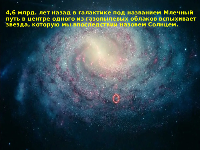 4,6 млрд. лет назад в галактике под названием Млечный путь в центре одного из газопылевых облаков вспыхивает звезда, которую мы впоследствии назовем Солнцем. 