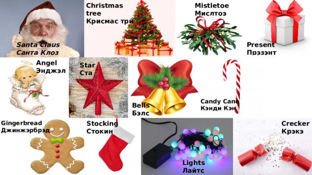 Christmas tree Mistletoe Крисмас три Мислтоэ Santa Claus Present Санта Клоз Прэзэнт Angel Энджэл Star Ста Candy Cane Кэнди Кэн Bells Бэлс Gingerbread Crecker Stocking Крэкэ Джинжэрбрэд Стокин Lights Лайтс 