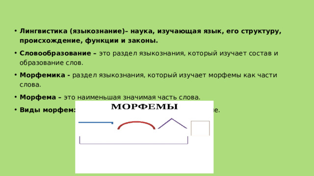 Лингвистика (языкознание)– наука, изучающая язык, его структуру, происхождение, функции и законы. Словообразование –  это раздел языкознания, который изучает состав и образование слов. Морфемика -  раздел языкознания, который изучает морфемы как части слова. Морфема –  это наименьшая значимая часть слова. Виды морфем:  корень, приставка, суффикс, окончание. 