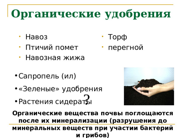 Органические удобрения Навоз Птичий помет Навозная жижа Торф перегной Сапропель (ил) «Зеленые» удобрения Растения сидераты Органические вещества почвы поглощаются после их минерализации (разрушения до минеральных веществ при участии бактерий и грибов) 