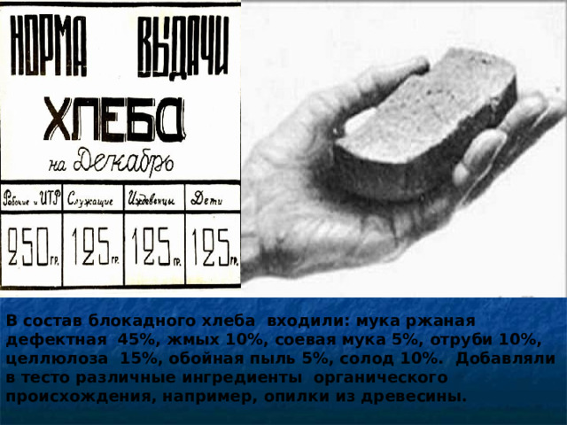 В состав блокадного хлеба входили: мука ржаная дефектная  45%, жмых 10%, соевая мука 5%, отруби 10%, целлюлоза  15%, обойная пыль 5%, солод 10%.  Добавляли в тесто различные ингредиенты  органического происхождения, например, опилки из древесины. 