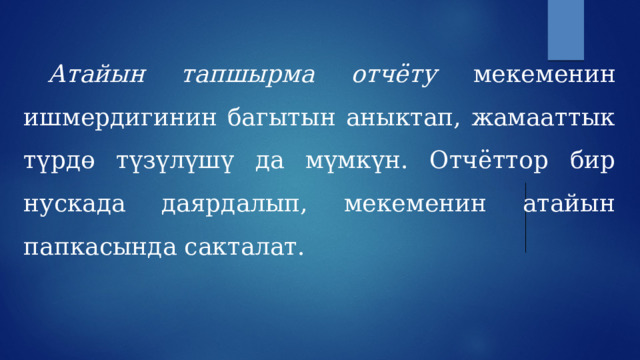  Атайын тапшырма отчёту мекеменин ишмердигинин багытын аныктап, жамааттык түрдө түзүлүшү да мүмкүн. Отчёттор бир нускада даярдалып, мекеменин атайын папкасында сакталат. 