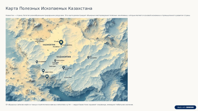 Карта Полезных Ископаемых Казахстана Казахстан — страна, богатая разнообразными природными ресурсами. Эта карта демонстрирует обширные месторождения полезных ископаемых, которые являются основой экономики и промышленного развития страны. От обширных запасов нефти и газа до стратегически важных металлов и угля — недра Казахстана скрывают сокровища, имеющие глобальное значение.  