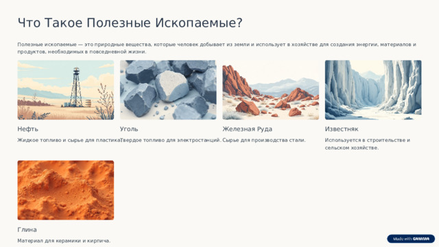 Что Такое Полезные Ископаемые? Полезные ископаемые — это природные вещества, которые человек добывает из земли и использует в хозяйстве для создания энергии, материалов и продуктов, необходимых в повседневной жизни. Известняк Железная Руда Уголь Нефть Твердое топливо для электростанций. Сырье для производства стали. Жидкое топливо и сырье для пластика. Используется в строительстве и сельском хозяйстве. Глина Материал для керамики и кирпича.  