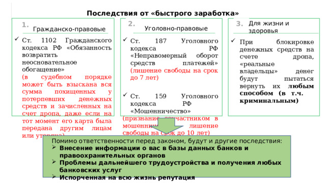 Последствия от «быстрого заработка» Для жизни и здоровья 3. 2. 1.  Уголовно-правовые  Гражданско-правовые Ст. 1102 Гражданского кодекса РФ «Обязанность возвратить неосновательное обогащение»  (в судебном порядке может быть взыскана вся сумма похищенных у потерпевших денежных средств и зачисленных на счет дропа, даже если на тот момент его карта была передана другим лицам или утеряна) Ст. 187 Уголовного кодекса РФ «Неправомерный оборот средств платежей» (лишение свободы на срок до 7 лет) Ст. 159 Уголовного кодекса РФ «Мошенничество» (признание соучастником в мошенничестве – лишение свободы на срок до 10 лет) При блокировке денежных средств на счете дропа, «реальные владельцы» денег будут пытаться вернуть их любым способом (в т.ч. криминальным) Помимо ответственности перед законом, будут и другие последствия: Внесение информации о вас в базы данных банков и правоохранительных органов Проблемы дальнейшего трудоустройства и получения любых банковских услуг Испорченная на всю жизнь репутация 