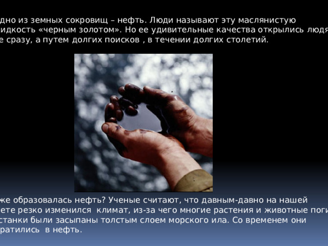Одно из земных сокровищ – нефть. Люди называют эту маслянистую жидкость «черным золотом». Но ее удивительные качества открылись людям не сразу, а путем долгих поисков , в течении долгих столетий. Как же образовалась нефть? Ученые считают, что давным-давно на нашей планете резко изменился климат, из-за чего многие растения и животные погибли. Их останки были засыпаны толстым слоем морского ила. Со временем они превратились в нефть. 