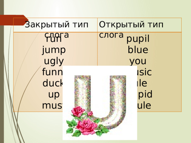 Открытый тип слога Закрытый тип слога run  jump  ugly  funny  duck  up  must pupil blue you music rule stupid mule 