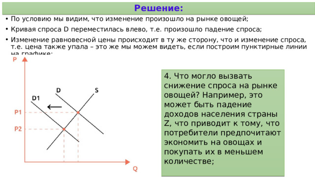 Решение: По условию мы видим, что изменение произошло на рынке овощей; Кривая спроса D переместилась влево, т.е. произошло падение спроса; Изменение равновесной цены происходит в ту же сторону, что и изменение спроса, т.е. цена также упала – это же мы можем видеть, если построим пунктирные линии на графике: 4. Что могло вызвать снижение спроса на рынке овощей? Например, это может быть падение доходов населения страны Z, что приводит к тому, что потребители предпочитают экономить на овощах и покупать их в меньшем количестве;   