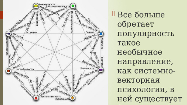Все больше обретает популярность такое необычное направление, как системно-векторная психология, в ней существует 8 векторов . 