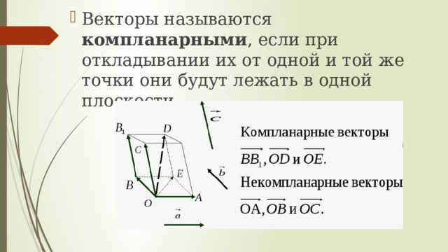 Векторы называются компланарными , если при откладывании их от одной и той же точки они будут лежать в одной плоскости. 