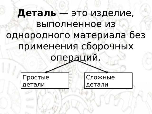 Деталь — это изделие, выполненное из однородного материала без применения сборочных операций. Простые детали Сложные детали 
