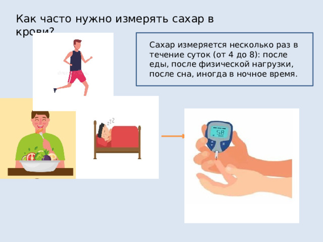 Как часто нужно измерять сахар в крови? Сахар измеряется несколько раз в течение суток (от 4 до 8): после еды, после физической нагрузки, после сна, иногда в ночное время. 