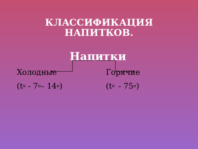 Классификация напитков. Напитки  Холодные      Горячие (t o - 7 о – 14 о )      (t o - 75 о )  