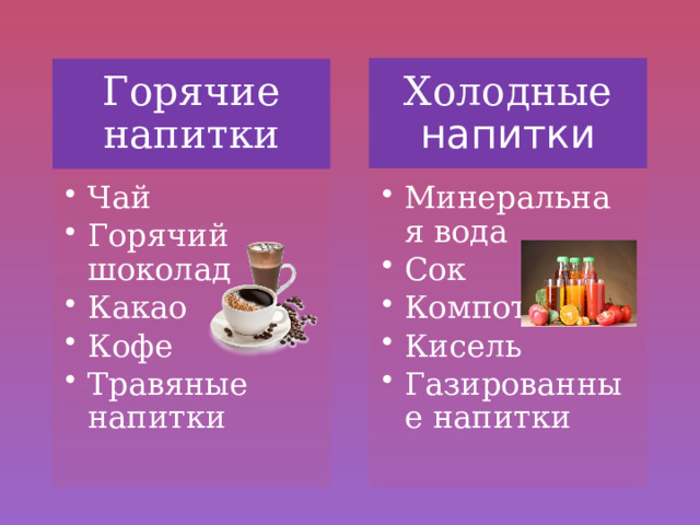 Холодные напитки Горячие напитки Чай Горячий шоколад Какао Кофе Травяные напитки Чай Горячий шоколад Какао Кофе Травяные напитки Минеральная вода Сок Компот Кисель Газированные напитки Минеральная вода Сок Компот Кисель Газированные напитки 