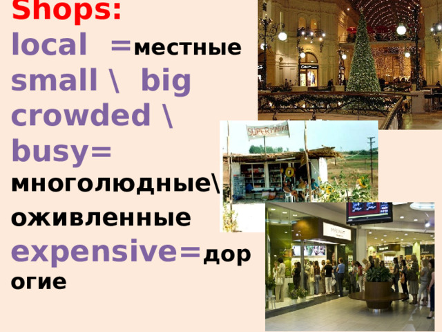 Shops:  local = местные  small \ big  crowded \ busy= многолюдные\ оживленные   expensive= дорогие 