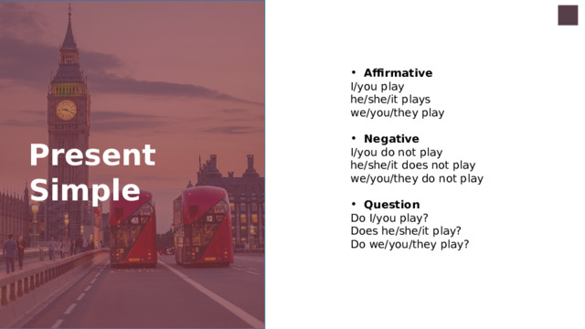 Affirmative I/you play he/she/it plays we/you/they play Negative I/you do not play he/she/it does not play we/you/they do not play Question Do I/you play? Does he/she/it play? Do we/you/they play? Present Simple 