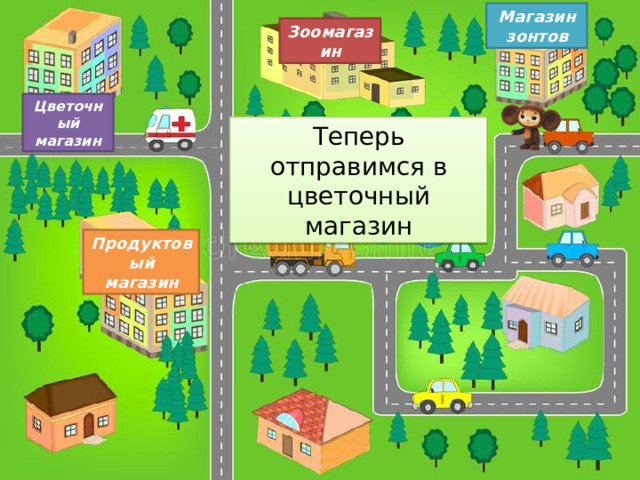 Магазин зонтов Зоомагазин Цветочный магазин Теперь отправимся в цветочный магазин Продуктовый магазин 