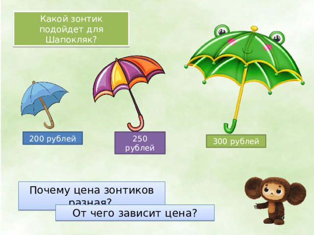 Какой зонтик подойдет для Шапокляк? 200 рублей 250 рублей 300 рублей Почему цена зонтиков разная? От чего зависит цена? 