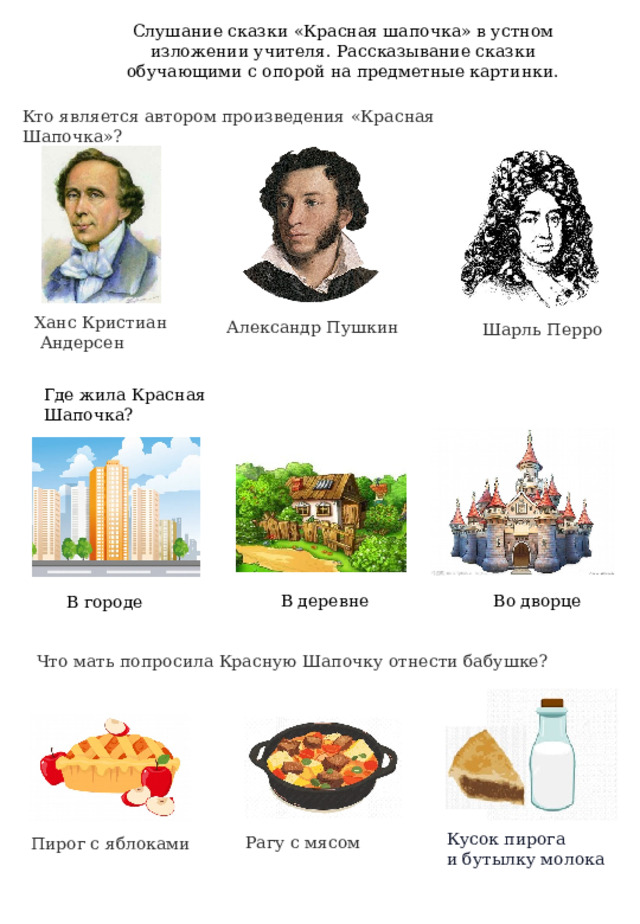 Слушание сказки «Красная шапочка» в устном изложении учителя. Рассказывание сказки обучающими с опорой на предметные картинки. Кто является автором произведения «Красная Шапочка»? Ханс Кристиан  Андерсен Александр Пушкин Шарль Перро Где жила Красная Шапочка? В деревне Во дворце В городе Что мать попросила Красную Шапочку отнести бабушке? Кусок пирога и бутылку молока Рагу с мясом Пирог с яблоками 