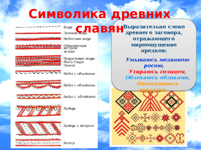 Символика древних славян   Выразительно слово древнего заговора, отражающего мироощущение предков:       Умываюсь медвяною росою,      Утираюсь солнцем,       Облекаюсь облаками,      Опоясываюсь звездами.  