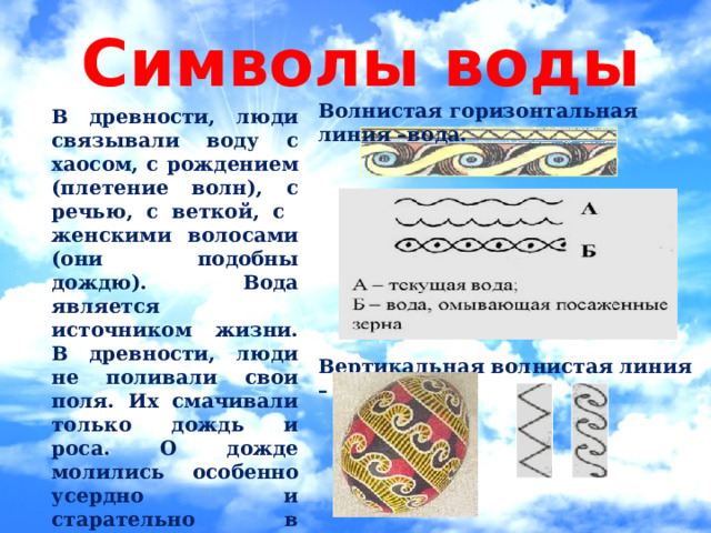 Символы воды Волнистая горизонтальная линия –вода. В древности, люди связывали воду с хаосом, с рождением (плетение волн), с речью, с веткой, с женскими волосами (они подобны дождю). Вода является источником жизни.  В древности, люди не поливали свои поля. Их смачивали только дождь и роса. О дожде молились особенно усердно и старательно в четверг. Этот день недели был посвящен на Руси богу грома и молнии Перуну. Вертикальная волнистая линия – дождь 