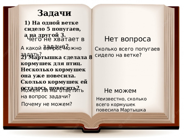 Задачи 1) На одной ветке сидело 5 попугаев, а на другой 3.  Нет вопроса Чего не хватает в задаче? А какой вопрос можно задать? Сколько всего попугаев сидело на ветке? 2) Мартышка сделала 8 кормушек для птиц. Несколько кормушек она уже повесила. Сколько кормушек ей осталось повесить? Не можем Можем ли мы ответить на вопрос задачи? Неизвестно, сколько всего кормушек повесила Мартышка Почему не можем? 
