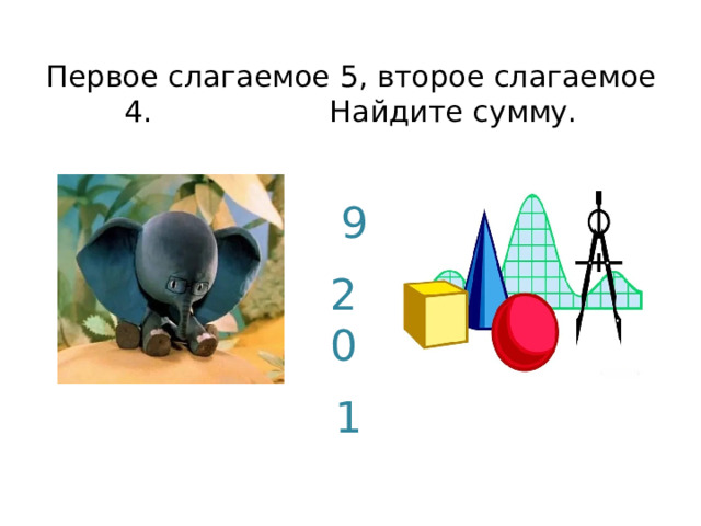 Первое слагаемое 5, второе слагаемое 4. Найдите сумму. 9 20  1 