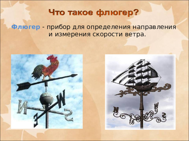 Флюгер - прибор для определения направления и измерения скорости ветра. 