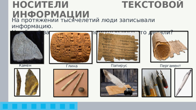 НОСИТЕЛИ ТЕКСТОВОЙ ИНФОРМАЦИИ На протяжении тысячелетий люди записывали информацию. На чём её записывали и с помощью чего это делали? Камень Папирус Пергамент Глина 