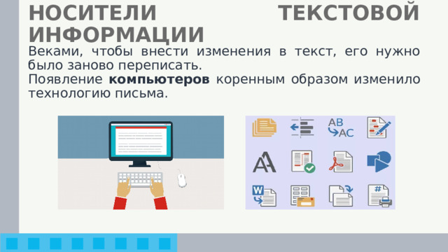 НОСИТЕЛИ ТЕКСТОВОЙ ИНФОРМАЦИИ Веками, чтобы внести изменения в текст, его нужно было заново переписать. Появление компьютеров  коренным образом изменило технологию письма. 