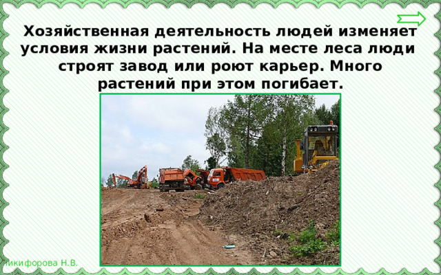Хозяйственная деятельность людей изменяет условия жизни растений. На месте леса люди строят завод или роют карьер. Много растений при этом погибает. 