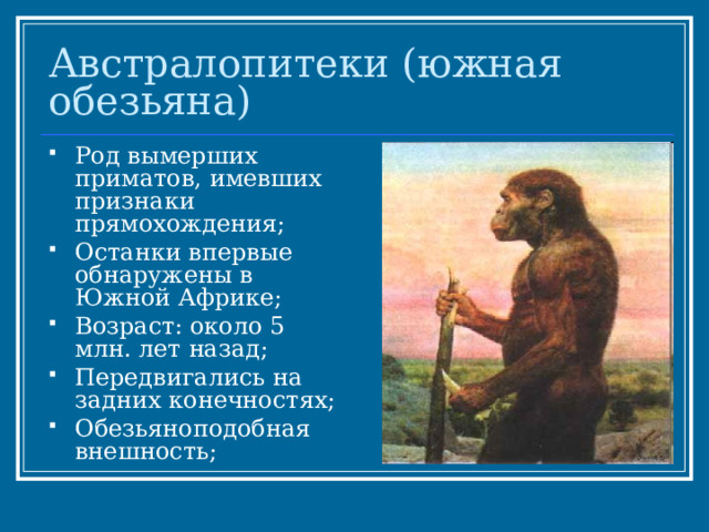 Австралопитеки (южная обезьяна) Род вымерших приматов, имевших признаки прямохождения; Останки впервые обнаружены в Южной Африке; Возраст: около 5 млн. лет назад; Передвигались на задних конечностях; Обезьяноподобная внешность; 
