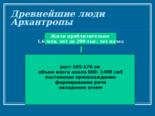 Древнейшие люди  Архантропы Жили приблизительно 1,6 млн. лет до 200 тыс. лет назад рост 165-170 см  объем мозга около 800- 1400 см3  постоянное прямохождение  формирование речи  овладение огнем  